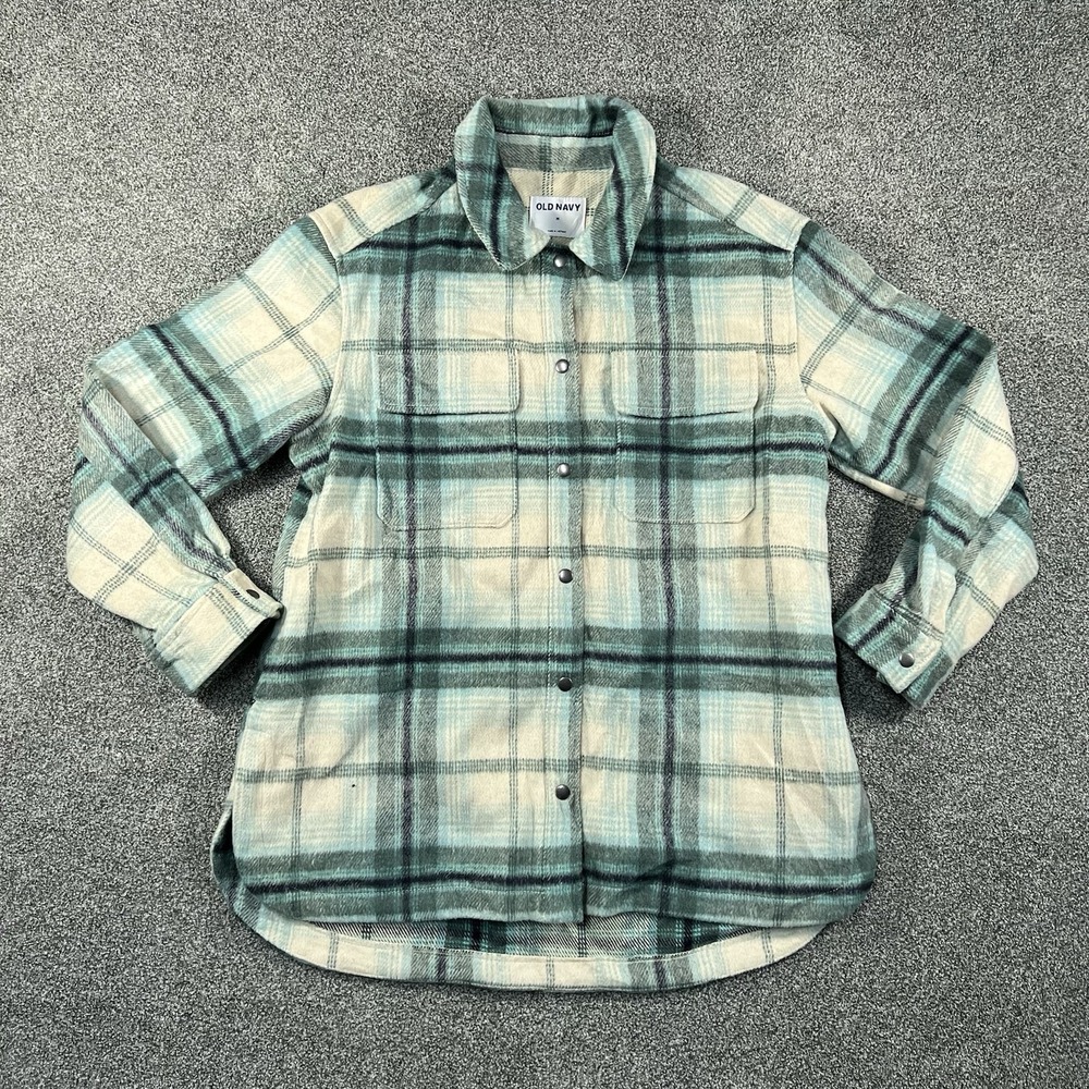 Old Navy Mens M Plaid Shacket Shirt Jacket Green Snap Front Wool Blend